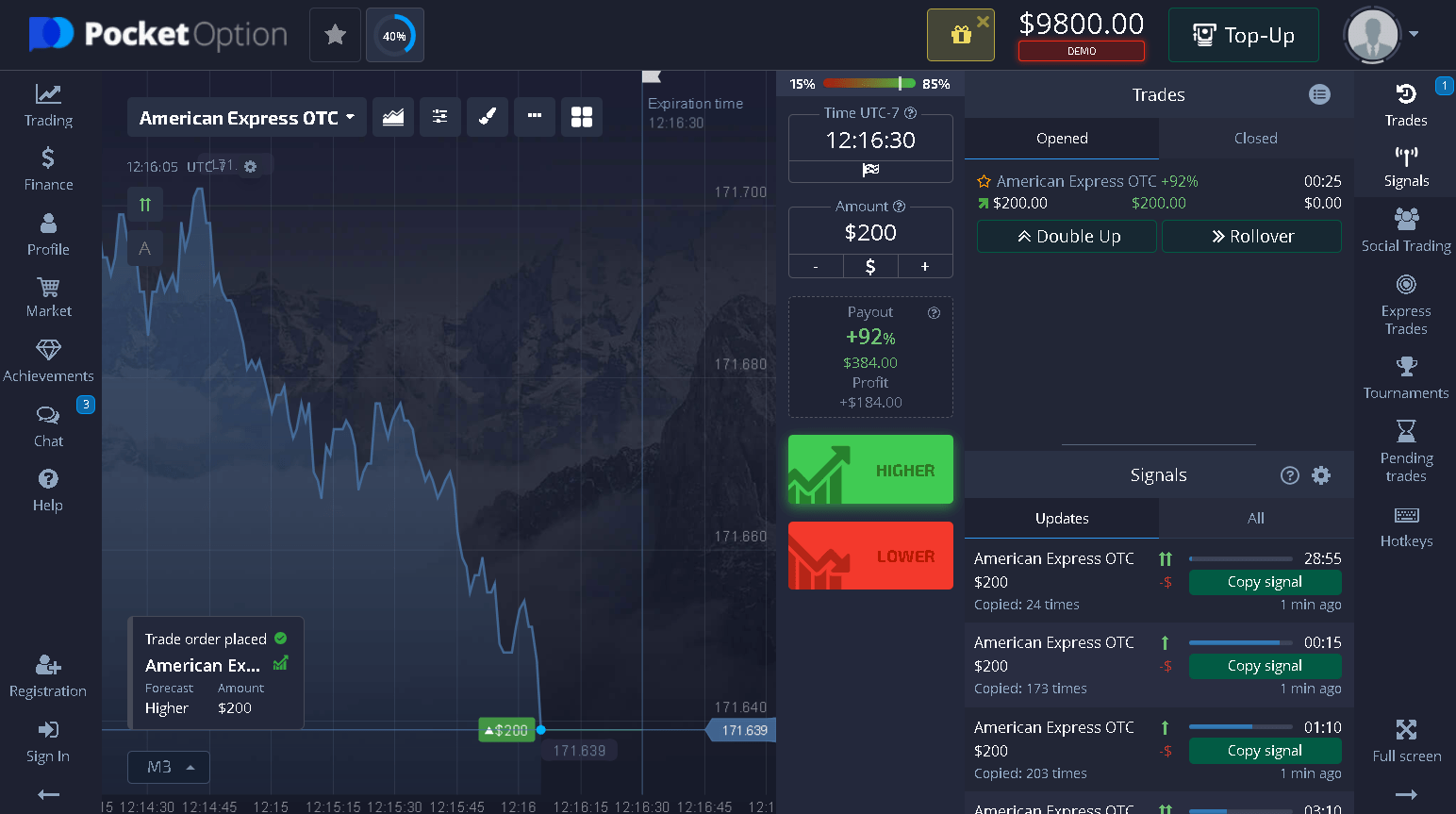 Account view after taking the first trade